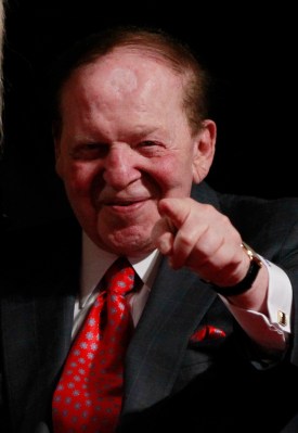 Sheldon Adelson, a donor to Republican presidential nominee Romney, points at the end of the first presidential debate between Romney and President Obama in Denver