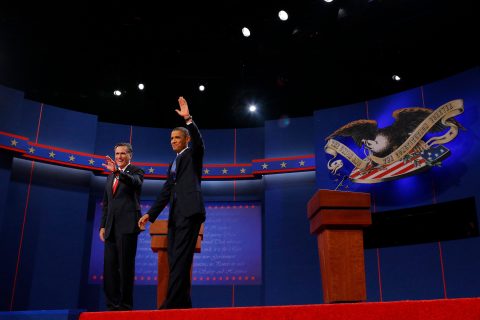 Republican presidential nominee Mitt Romney and President Barack Obama take the stage for the first 2012 U.S. presidential debate in Denver