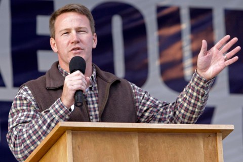 image: Ohio Secretary of State Jon Husted speaks during a rally at the Muskingum County Fairgrounds in Zanesville, Ohio in 2010.