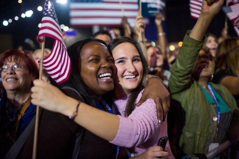 image: Supporters of U.S. President Barack Obama celebrate his victory in the presidential election at his election night rally in Chicago.