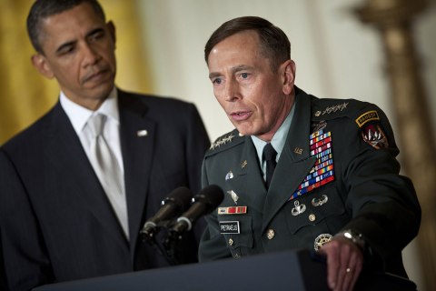 image: President Barack Obama listens while then-nominee for CIA Director, Gen. David Petraeus, speaks in the East Room of the White House in Washington, April 28, 2011.