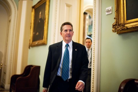 image: Sen. Jim DeMint arrives for the Senate Republican steering committee luncheon in the Capitol in Washington, Feb. 29, 2012.