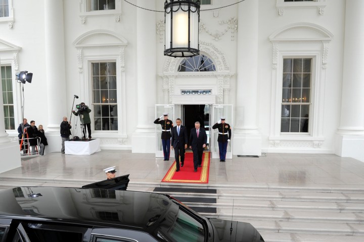 President Barack Obama and Democratic Senator from New York Chuck Schumer, the chairman of the Joint Congressional Committee on Inaugural Ceremonies, leave the White House prior to the ceremonial swearing in of the president and vice president to a second term in office on Jan. 21, 2013.