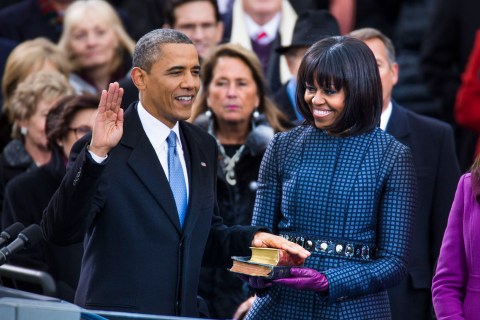 President Barack Obama takes the oath of office during the 57th Presidential Inauguration ceremonial swearing-in at the U.S. Capitol on Jan. 21, 2013 in Washington, DC. 