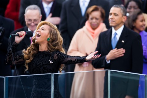 Beyonce sings the National Anthem at the ceremonial swearing-in of President Barack Obama at the United States Capitol in Washington, DC., on Jan. 12, 2013. 