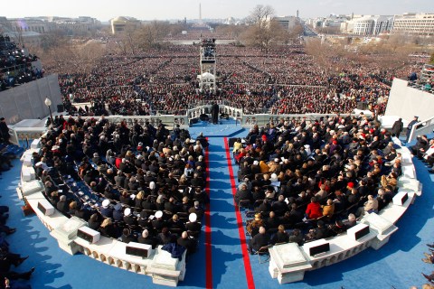 U.S President Obama addresses the crowd after taking the Oath of Office as the 44th President of the US during the inauguration ceremony in Washington