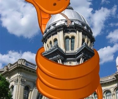image: A cartoon snake named "Squeezy the Pension Python" coils around the State Capitol as part of Illinois Gov. Pat Quinn's new online campaign to get Illinoisans excited about pension reform. 