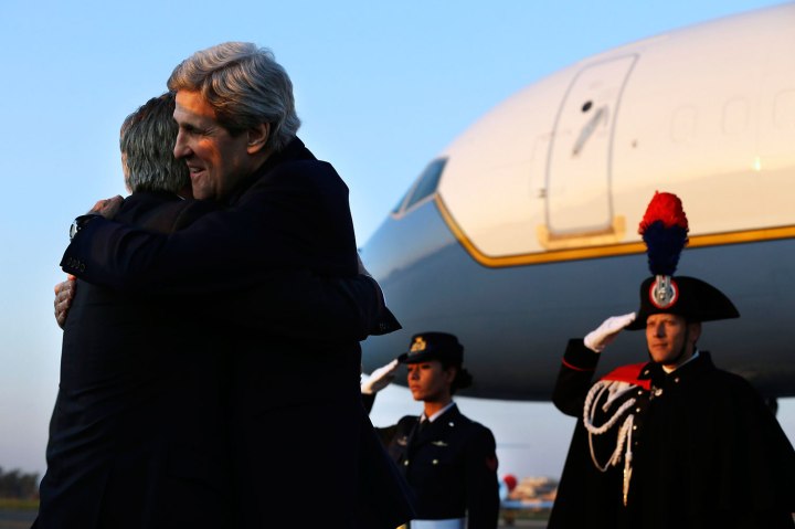 U.S. Secretary of State Kerry hugs U.S. Ambassador to Italy Thorne upon arrival in Rome