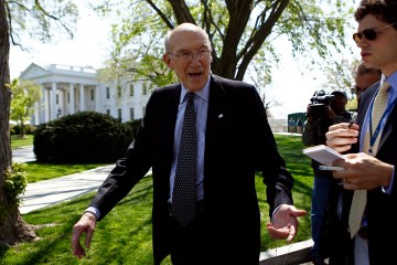 Fiscal Commission co-chair Alan Simpson speaks to reporters after his meeting with Obama at the White House in Washington