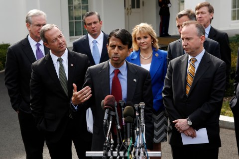 Louisiana Governor Bobby Jindal speaks after the National Governors Association meeting at the White House in Washington