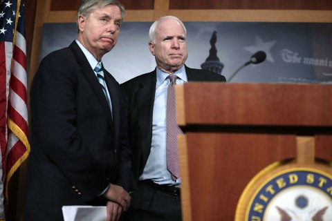 From left: Senators Lindsey Graham and John McCain at a press conference on the terrorist attack on the U.S. Consulate in Benghazi, in Washington D.C., on Feb. 14, 2013.