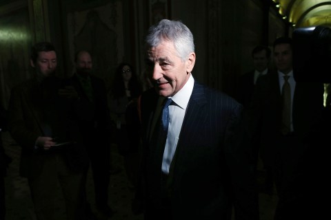 Chuck Hagel arrives for a meeting with U.S. Senate Appropriations Committee on Capitol Hill in Washington.