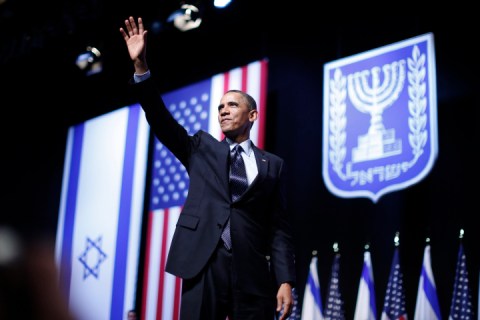 U.S. President Obama acknowledges the audience after delivering a speech on mideast policy at the Jerusalem Convention Center
