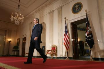 Former President George W. Bush arrives to speak on the war in Iraq at the White House in Washington, D.C., on April 10, 2008.
