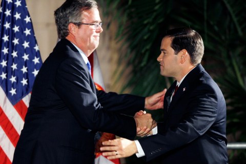 U.S. Republican Senate candidate Marco Rubio shakes hands former Florida Governor Jeb Bush as he celebrates his victory at a rally in Coral Gables, Florida