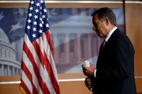 Speaker of the House John Boehner leaves a press conference on sequestration on Capitol Hill in Washington, Feb. 28, 2013.