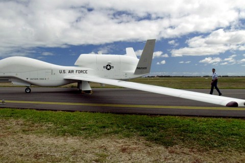 The United States Air Force's Global Hawk unmanned spy plane at the Royal Australian Air Force Base,..