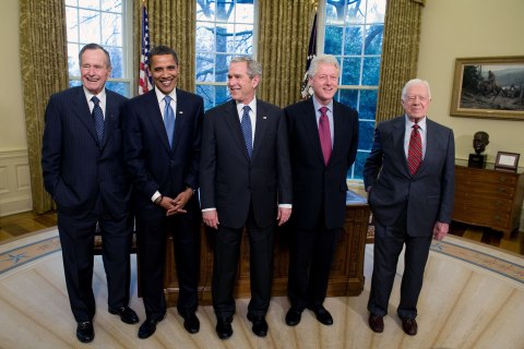 Former President George H.W. Bush, President-elect Barack Obama, President George W. Bush, former Presidents Bill Clinton and Jimmy Carter stand in the Oval Office of the White House in Washington, on Jan. 7, 2009.