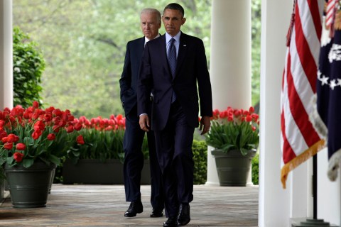 U.S. President Barack Obama arrives with Vice President Joe Biden to deliver a statement on commonsense measures to reduce gun violence, in Washington