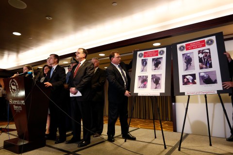 Boston FBI Special Agent in Charge DesLauriers speaks as photos of suspects in the Boston Marathon bombings are revealed during a news conference in Boston, Massachusetts