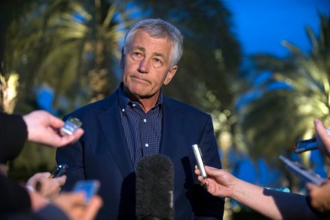 U.S. Secretary of Defense Hagel speaks with reporters during a news conference in Abu Dhabi
