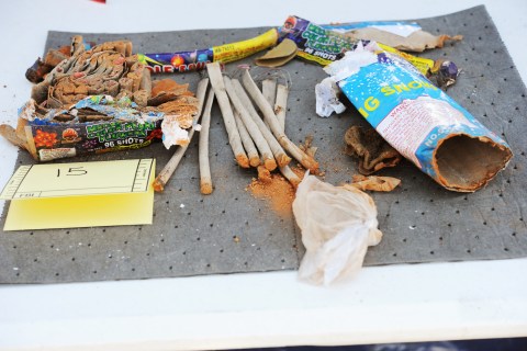 A collection of fireworks that was found inside a backpack belonging to Boston Marathon bombing suspect Dzhokhar Tsarnaev that was recovered by law enforcement agents from a landfill in New Bedford, Mass., on April 26, 2013.