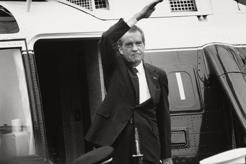 U.S. President Richard Nixon stands on the steps of the presidential helicopter after resigning the presidency, in Washington, D.C., on August 9, 1974.