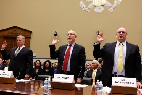 From left: Mark Thompson, Gregory Hicks, and  Eric Nordstrom are sworn in before the House Oversight and Government Reform Committee hearing on Capitol Hill in Washington D.C., on May 8, 2013. 