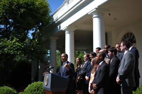 President Barack Obama speaks on students loans in the Rose Garden of the White House in Washington.
