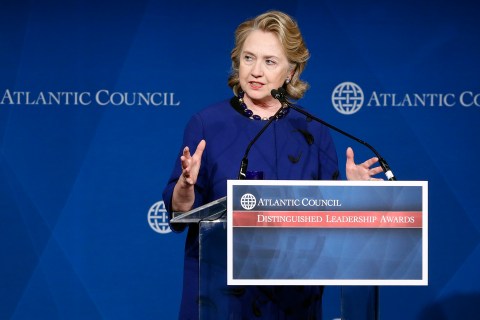 Clinton delivers remarks after being honored with a Distinguished Leadership Award from the Atlantic Council in Washington