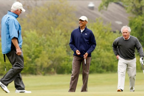 U.S. President Barack Obama plays golf with Senators Saxby Chambliss and Senator Bob Corker at Joint Base Andrews in Maryland