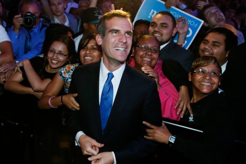 Los Angeles mayoral candidate Garcetti greets supporters during an election night party in Hollywood
