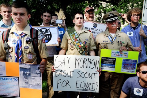 Scouts for Equality holds a rally to call for equality and inclusion for gays in the Boy Scouts of America at the Boy Scout Memorial in Washington, D.C., on May 22 2013.