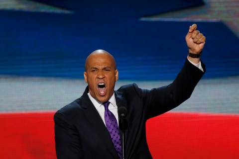 Newark Mayor Cory Booker addresses delegates during the first session of the Democratic National Convention in Charlotte