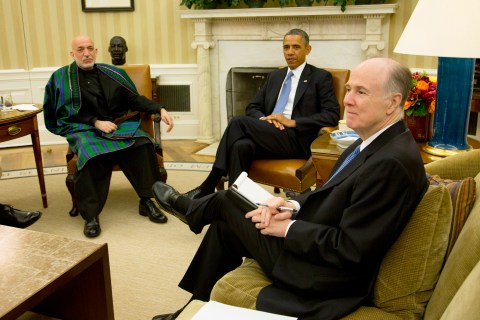 U.S. President Obama meets Afghanistan's President Karzai in Oval Office of the White House in Washington