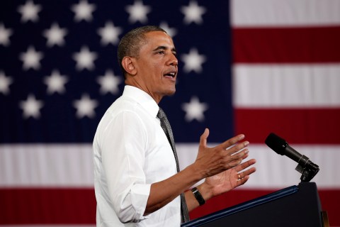 U.S. President Barack Obama speaks during a visit to Ellicott Dredges during his second 'Middle Class Jobs and Opportunity Tour' in Baltimore, on May 17, 2013.