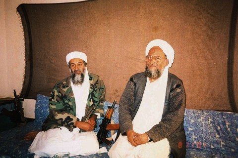 Osama bin Laden (L) sits with his adviser Ayman al-Zawahiri, an Egyptian linked to the al Qaeda netw..