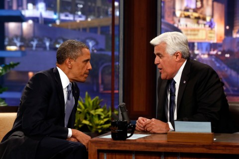 U.S. President Barack Obama joins Jay Leno during taping of comedy show in California