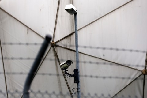 A security camera is pictured within the monitoring base of the U.S. National Security Agency in Bad Aibling