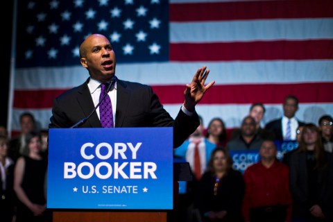 U.S. Senate candidate Cory Booker speaks during his campaign's election night event in Newark, New Jersey