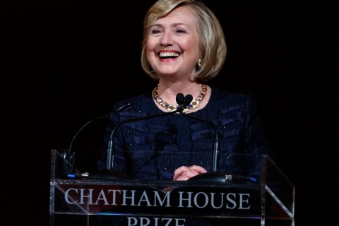 Former U.S. Secretary of State Hillary Clinton speaks after receiving the Chatham House prize at the banqueting hall in central London