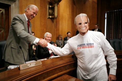 Senator Chuck Hagel dresses up as Senator Joe Biden on Capitol Hill in Washington