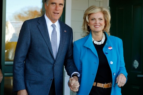 Former Republican presidential nominee Mitt Romney and his wife Ann leave a polling station after voting in Belmont, Mass., on Nov. 6, 2012.
