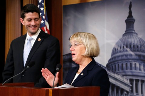 From right: Senate Budget Committee chairman Senator Patty Murray and House Budget Committee chairman Representative Paul Ryan hold a news conference to introduce The Bipartisan Budget Act of 2013 at the U.S. Capitol in Washington, D.C., on Dec. 10, 2013. 
