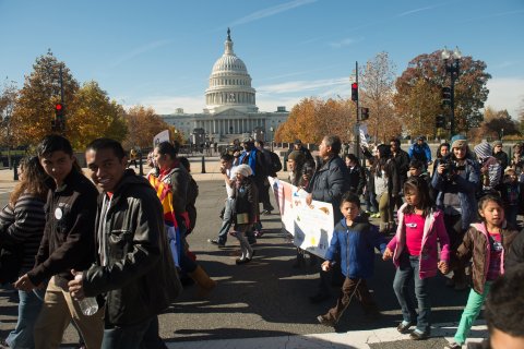 Marchers with the Fair Immigration Reform Movement and its Keeping Families Together: Youth in Action campaign march past the U.S. Capitol in Washington, D.C., on, Nov. 14, 2013.