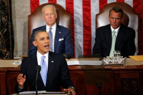 President Barack Obama gives his State of the Union address on Capitol Hill in Washington, Tuesday Jan. 28, 2014, as Vice President Joe Biden and House Speaker John Boehner of Ohio, listen.