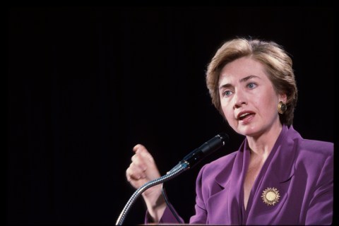 Then-First Lady Hillary Clinton speaks at George Washington University September 10, 1993 in Washington.